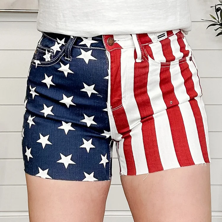 High Rise Fray Hem Flag Print Shorts