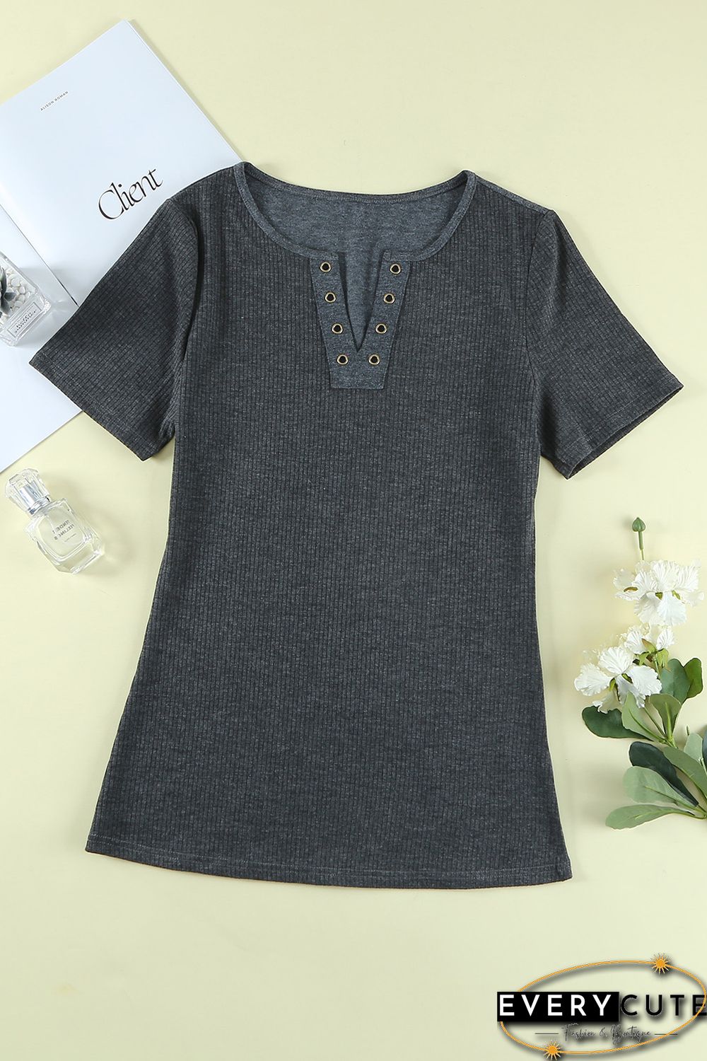 Black Ribbed Knit V Neck Short Sleeve Top