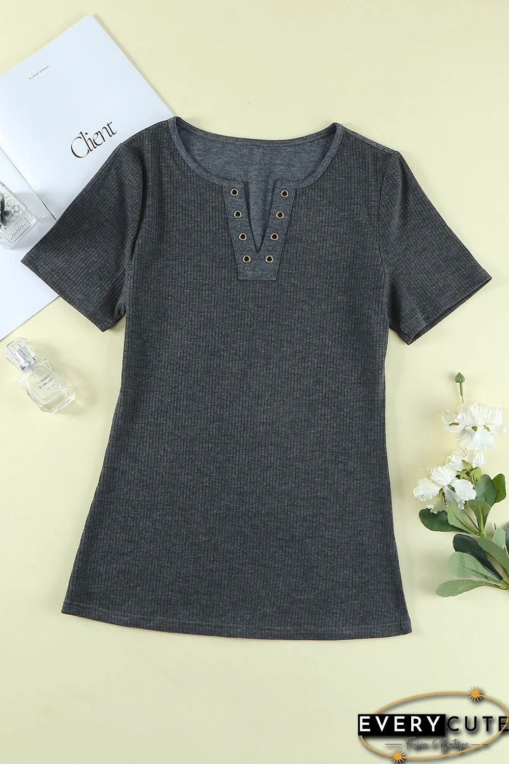 Black Ribbed Knit V Neck Short Sleeve Top
