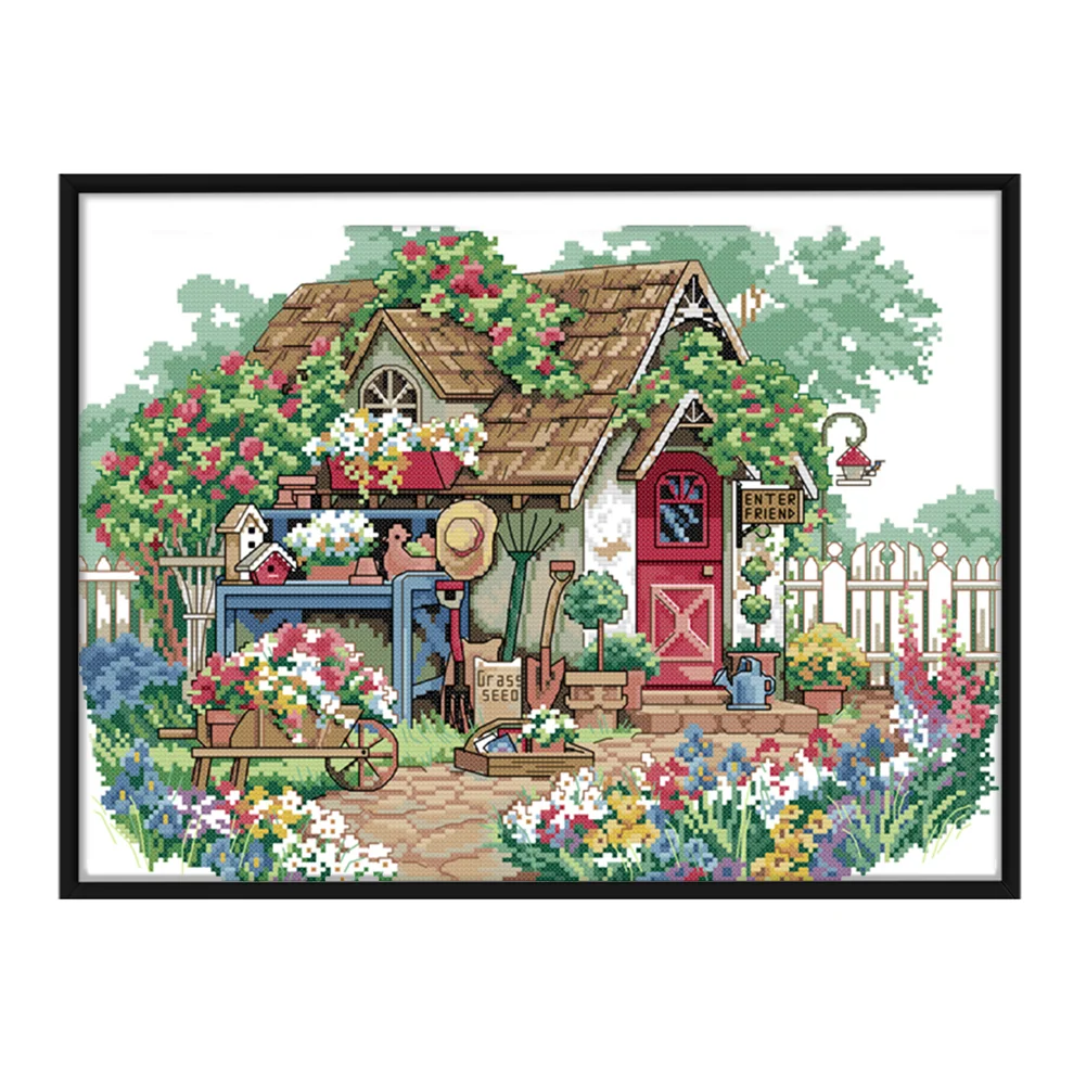DIY Stamped Cross Stitch 11CT Embroidery 56*42cm - Flower House