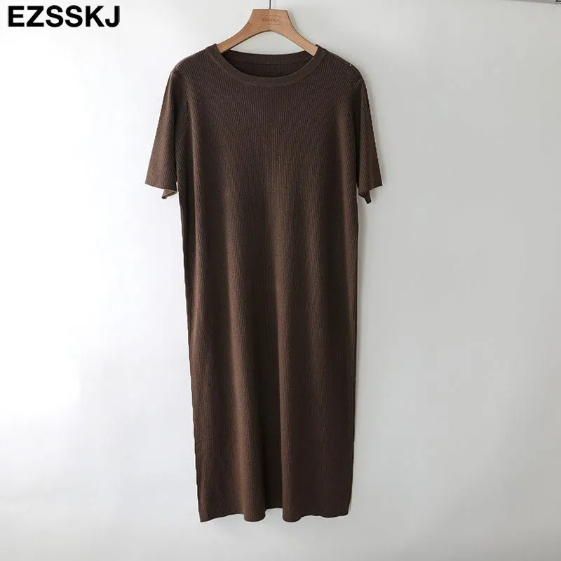 short sleeve straight spring autumn straight maxi sweater dress women o-neck long knit  dress elegant female loose knit dress