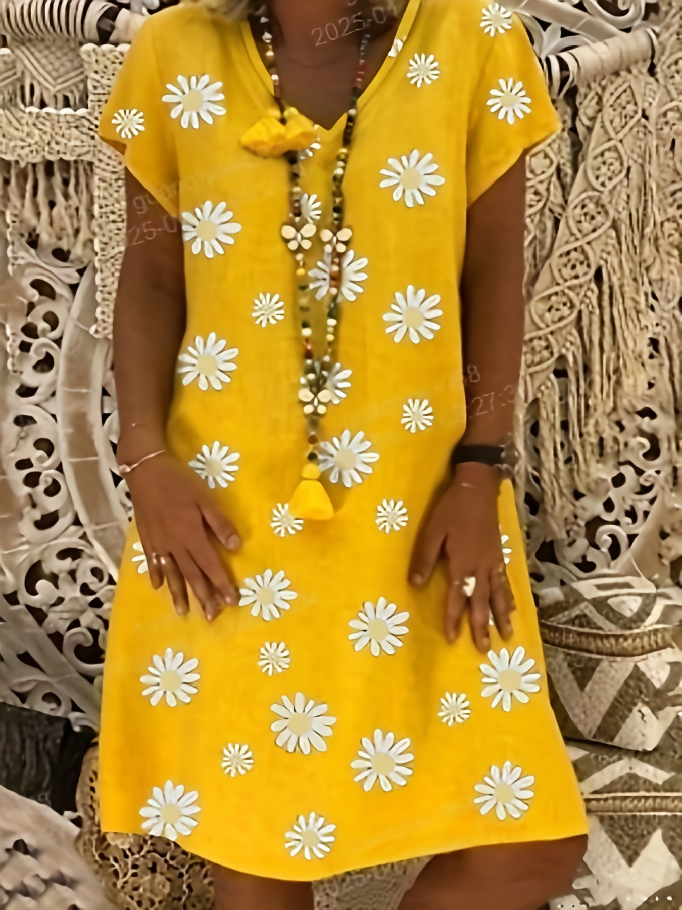 New European And American Short-Sleeved Fashionable V-Neck Small Zou Chrysanthemum Flower Print Women's Dress | IFYHOME