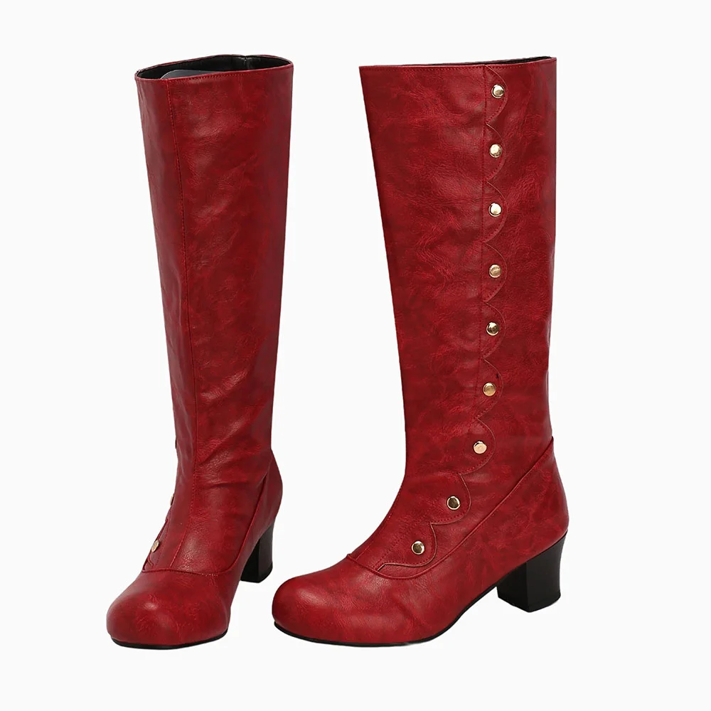 Fashion Red Round Toe Chunky Heel Studded Pull On Knee High Boots