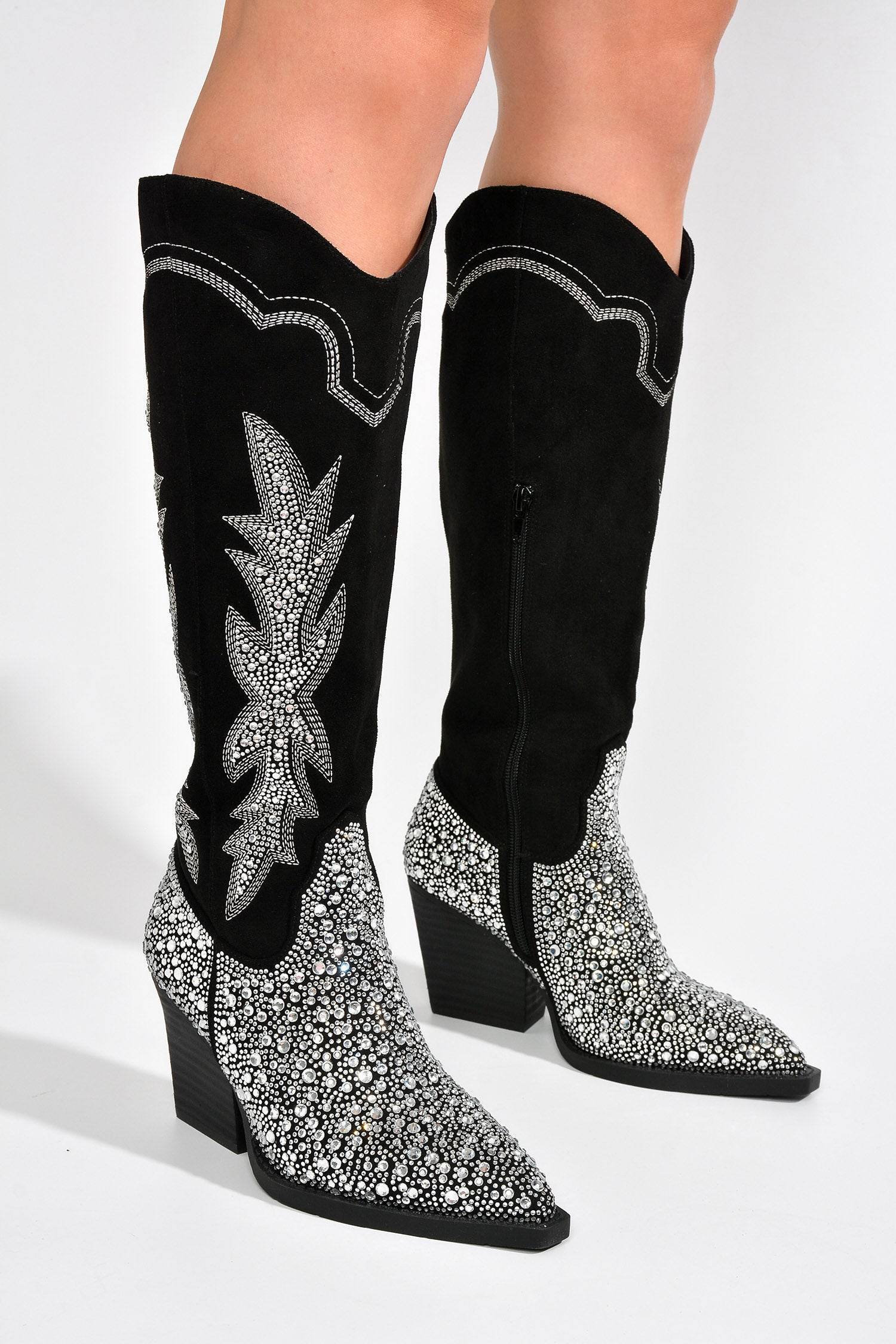 Women Black Knee High Rhinestone Boots Shiny Block Heel Boots 44 Western Cowboy Boots Glitter