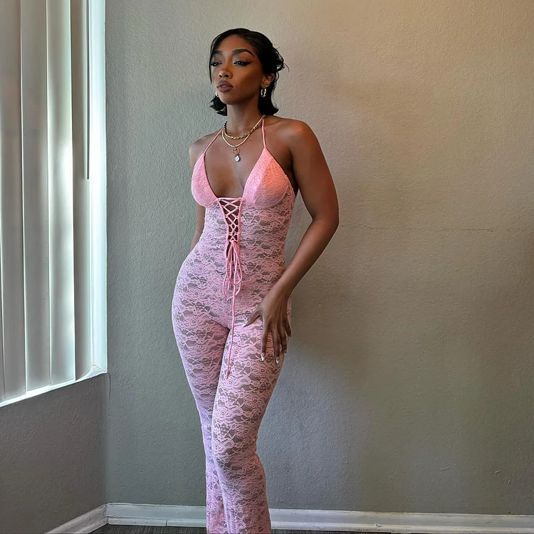 Hollow-out Lace See-through Backless Halter Slim-fit Jumpsuits