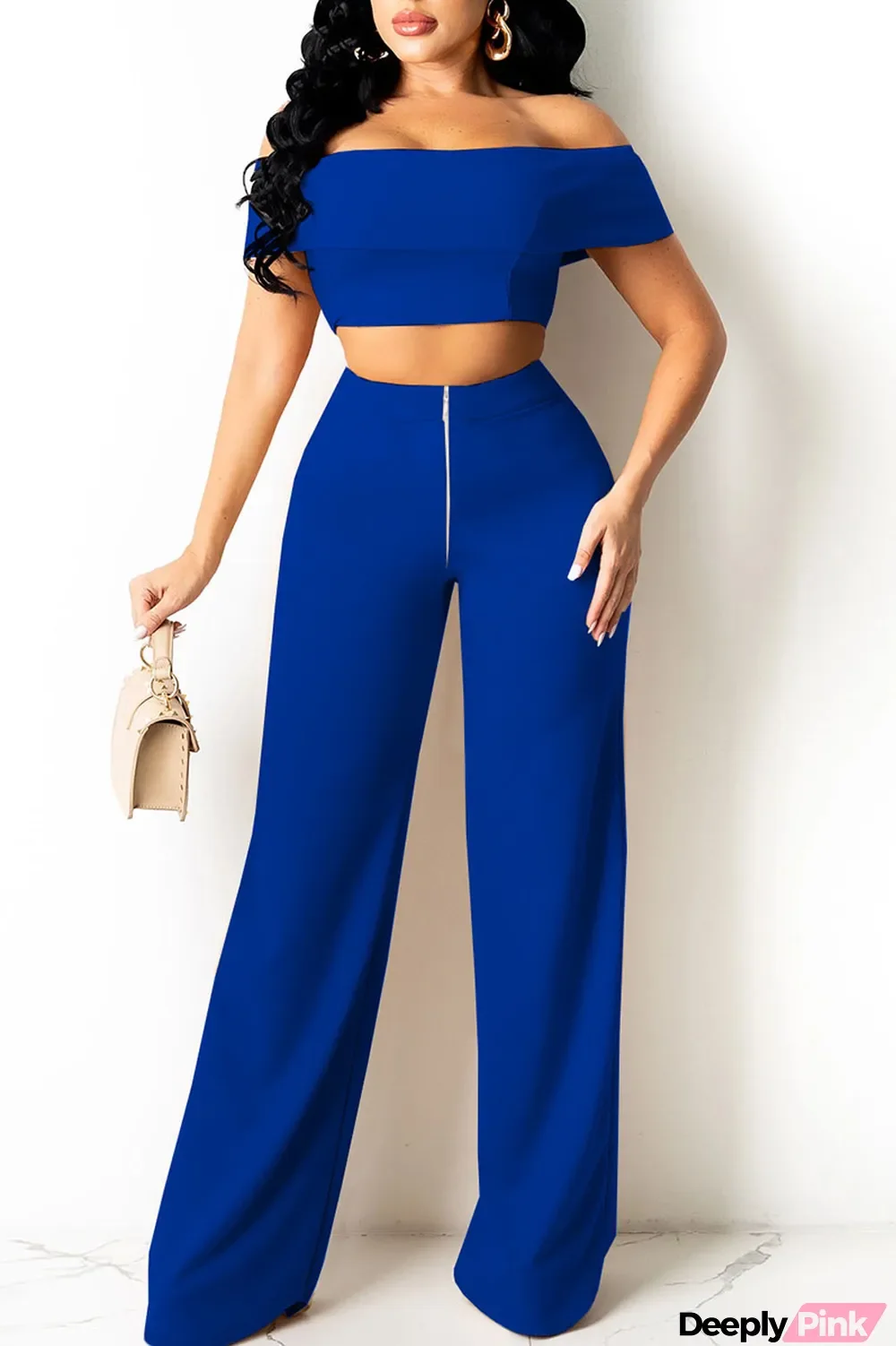 Peacock Blue Elegant Solid Split Joint Zipper Off the Shoulder Sleeveless Two Pieces