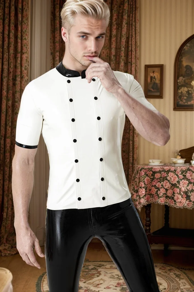 Men's Latex Tops Male Medic Shirt Double Breasted White Shirt