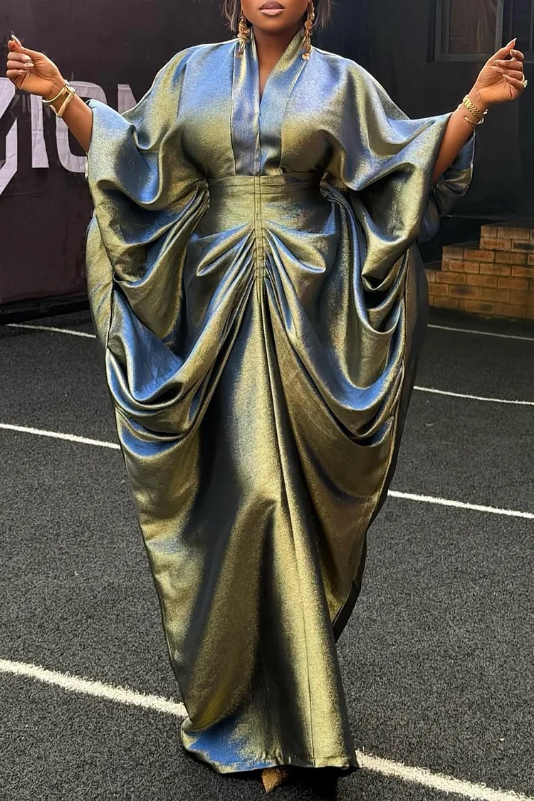 Plus Size Formal Green V Neck Long Sleeve Fold Elegant Maxi Dresses [Pre-Order]