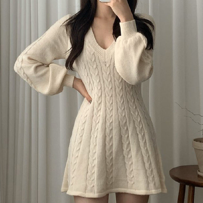 Aiertu long sweater dress outfit Chic Autumn and Winter Vintage Linen Pattern V-neck Tight Waist Slimming Small A- line Knitted Sweater Dress Women aiertu