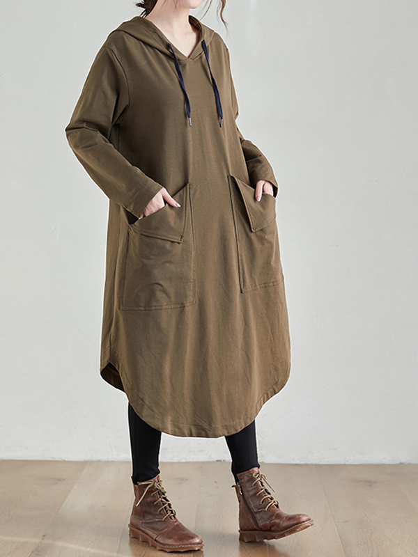 Loose Large Pocket Solid Color Hooded Midi Dress
