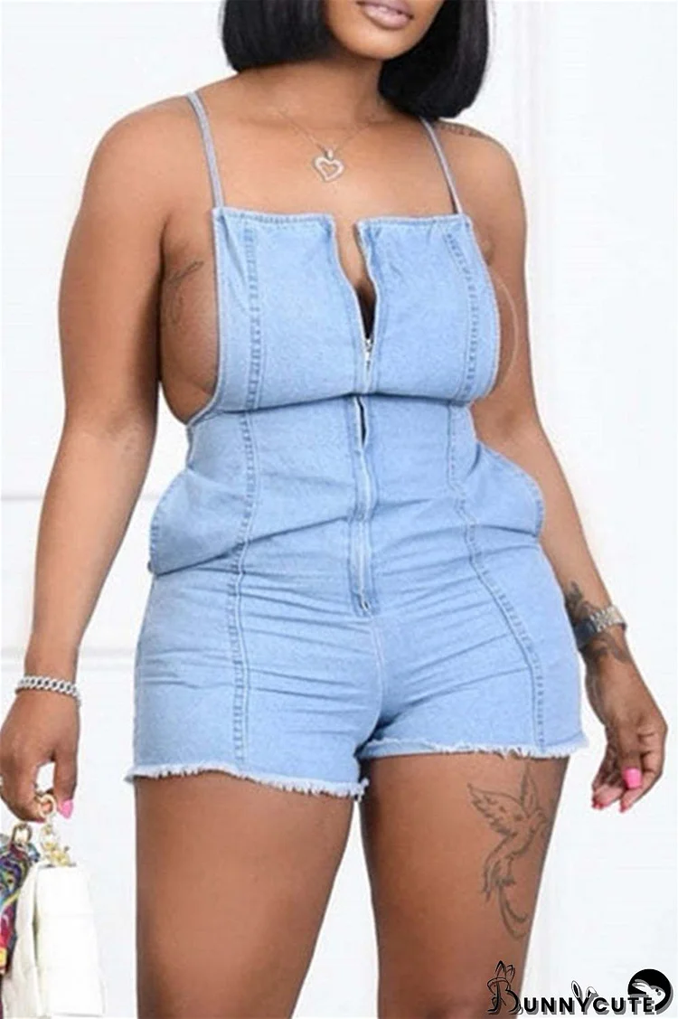 Light Blue Fashion Sexy Solid Backless Cross Straps Spaghetti Strap Regular Romper