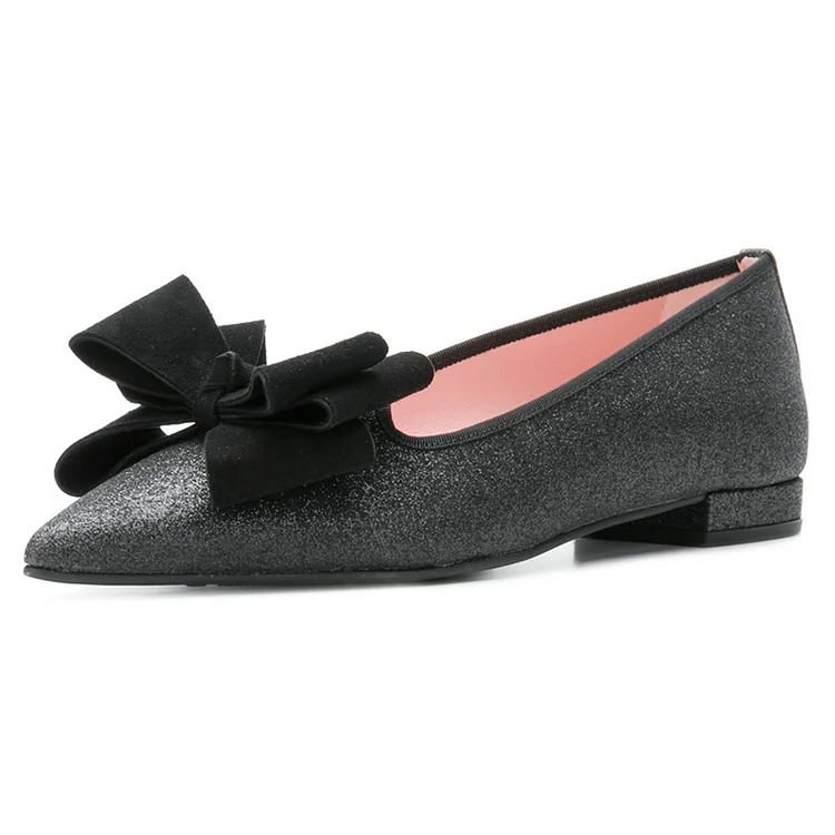 Black Glitter Bow Comfortable Flat |FSJ Shoes