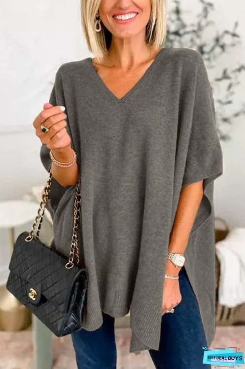 Chicest V Neck Loose Fit Solid Poncho Sweater