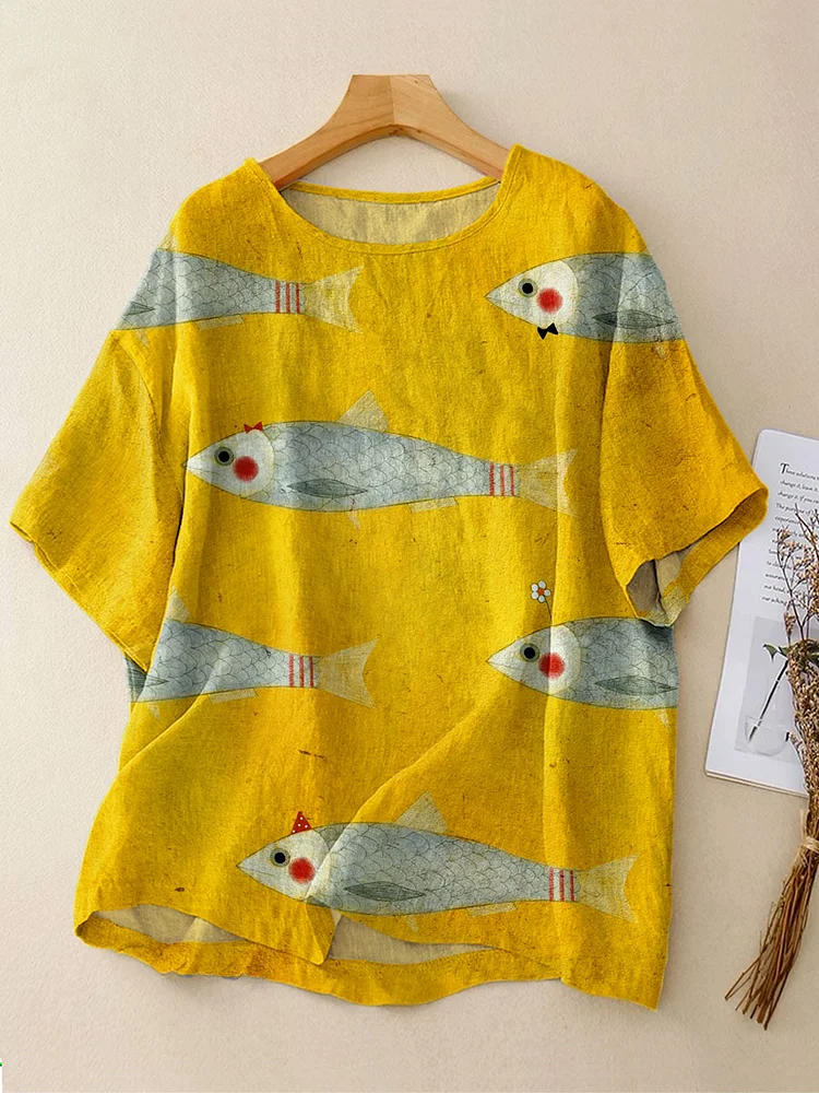 Women's Vintage Fish Sardines Art Print Casual Linen Crew Neck Shirt