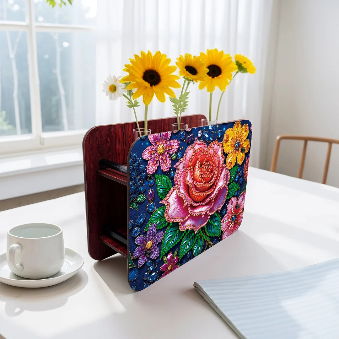 Rose DIY Flower Vase Wooden Double Sided Desktop Diamond Art Kit for Home Decor