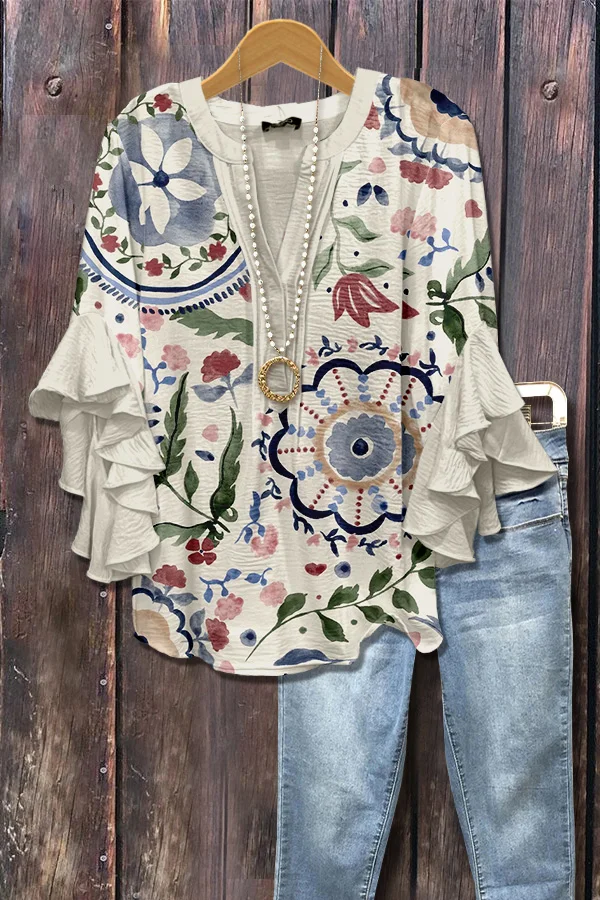 Multi Floral Print Ruffle Sleeve Top