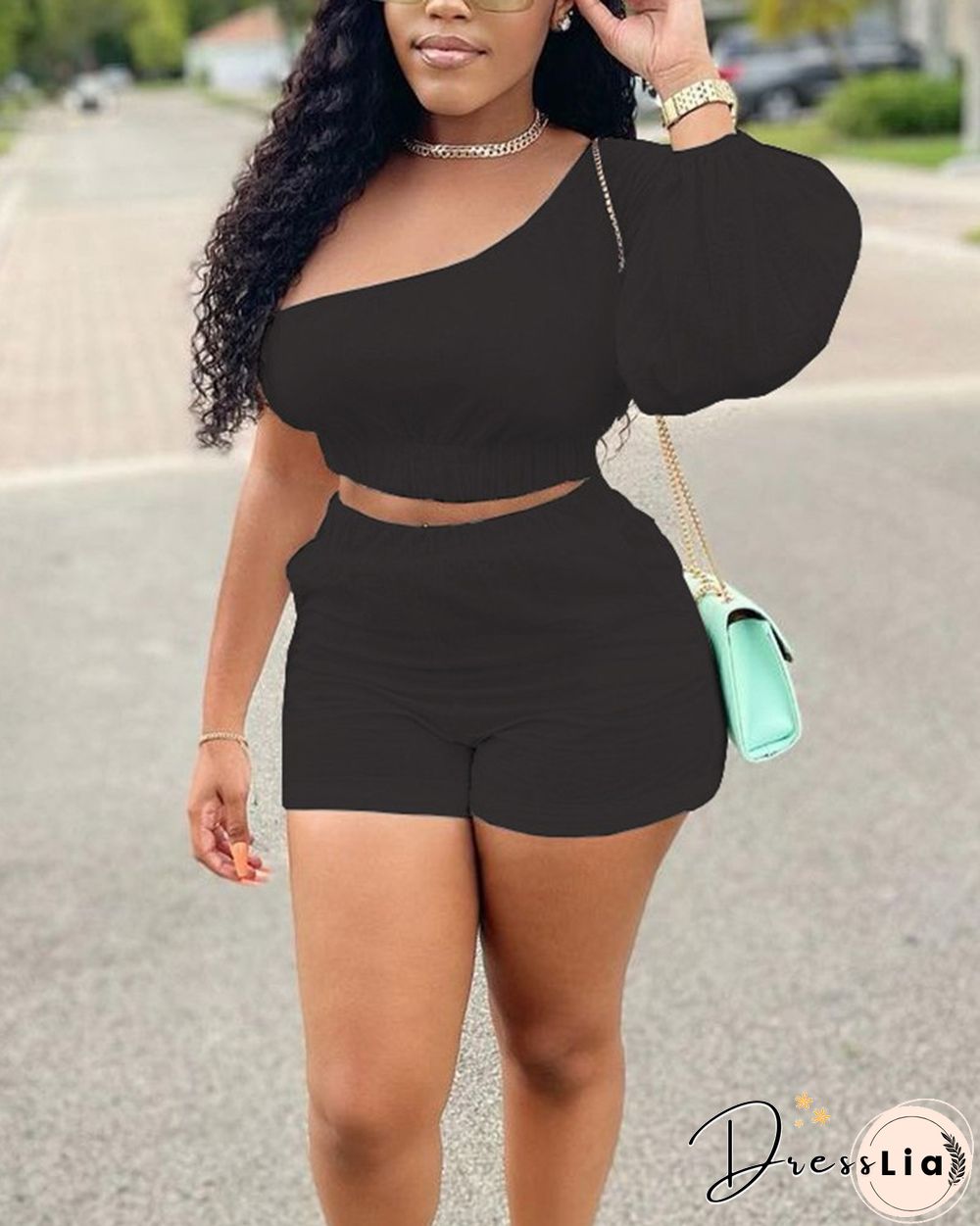 Solid Color One Shoulder Crop Top & Shorts Set