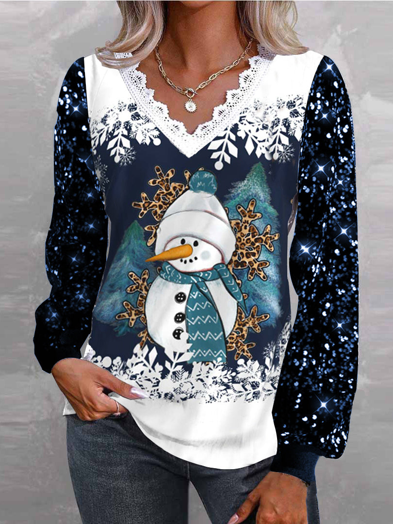 Women Long Sleeve V-neck Snowman Printed Lace Sequins Christmas Tops