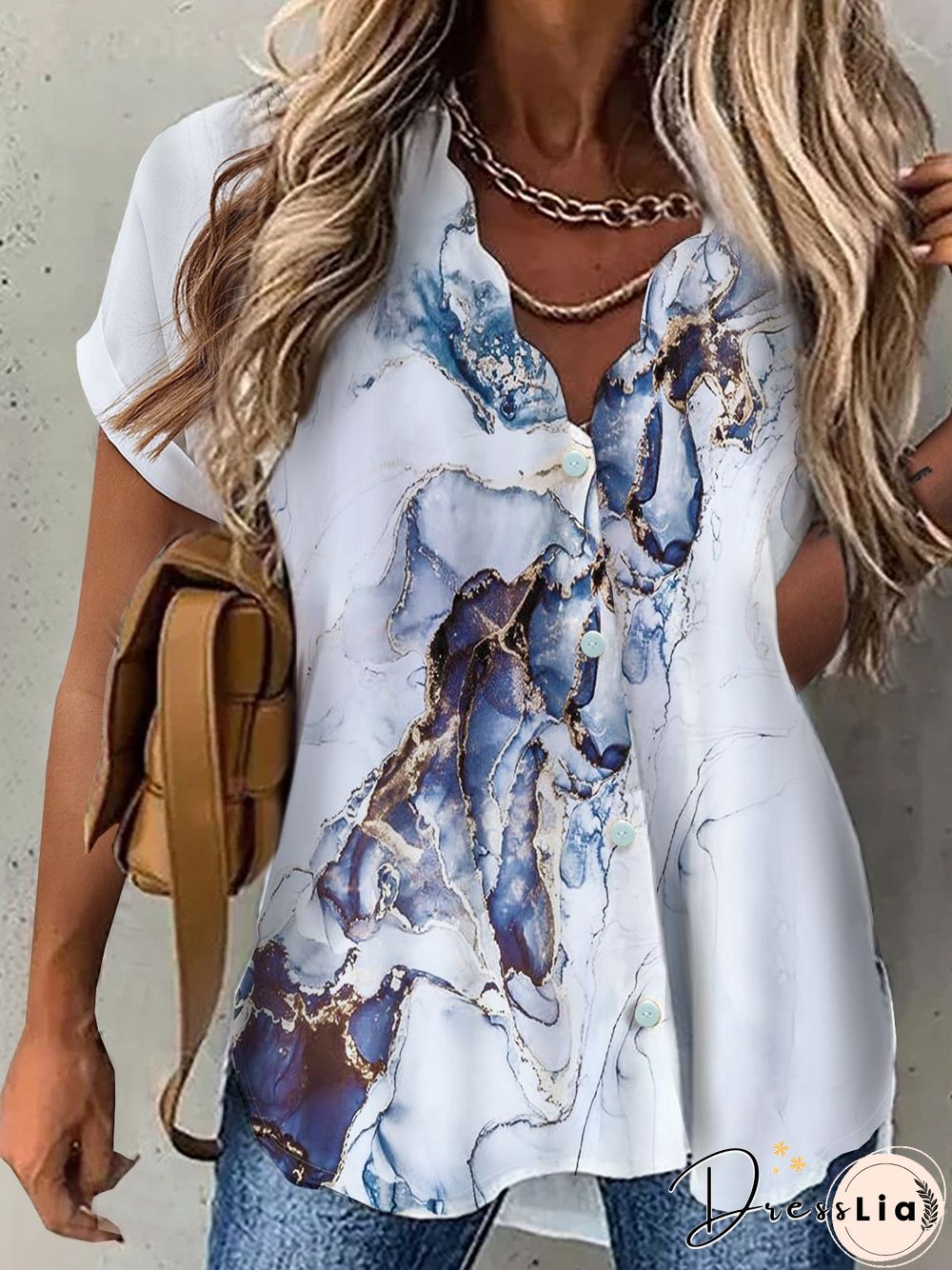 V Neck Printed Loosen Short Sleeve Blouse