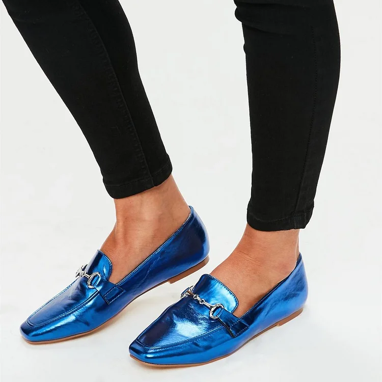 Royal Blue Flats Mirror Leather Square Toe Loafers for Women |FSJ Shoes