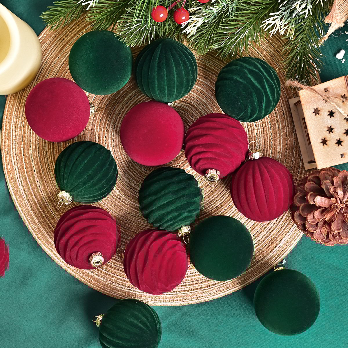 Red and green ornaments displayed on a table