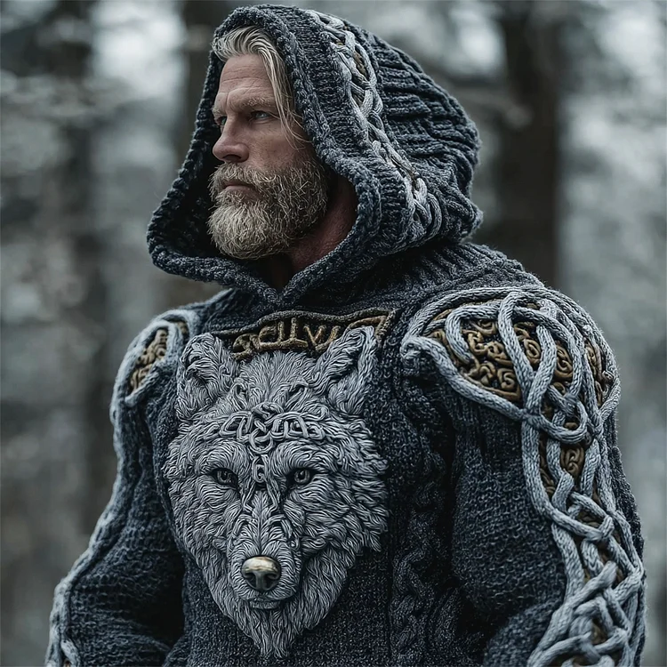 Viking Wolf Totem Men's Chunky Knit Hooded Sweater