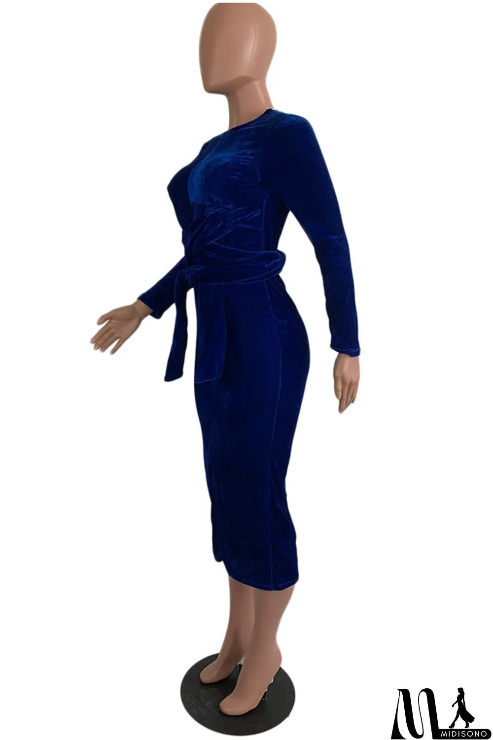 MidiSono - Deep Blue Fashion Casual Bandage O Neck Long Sleeve Dresses