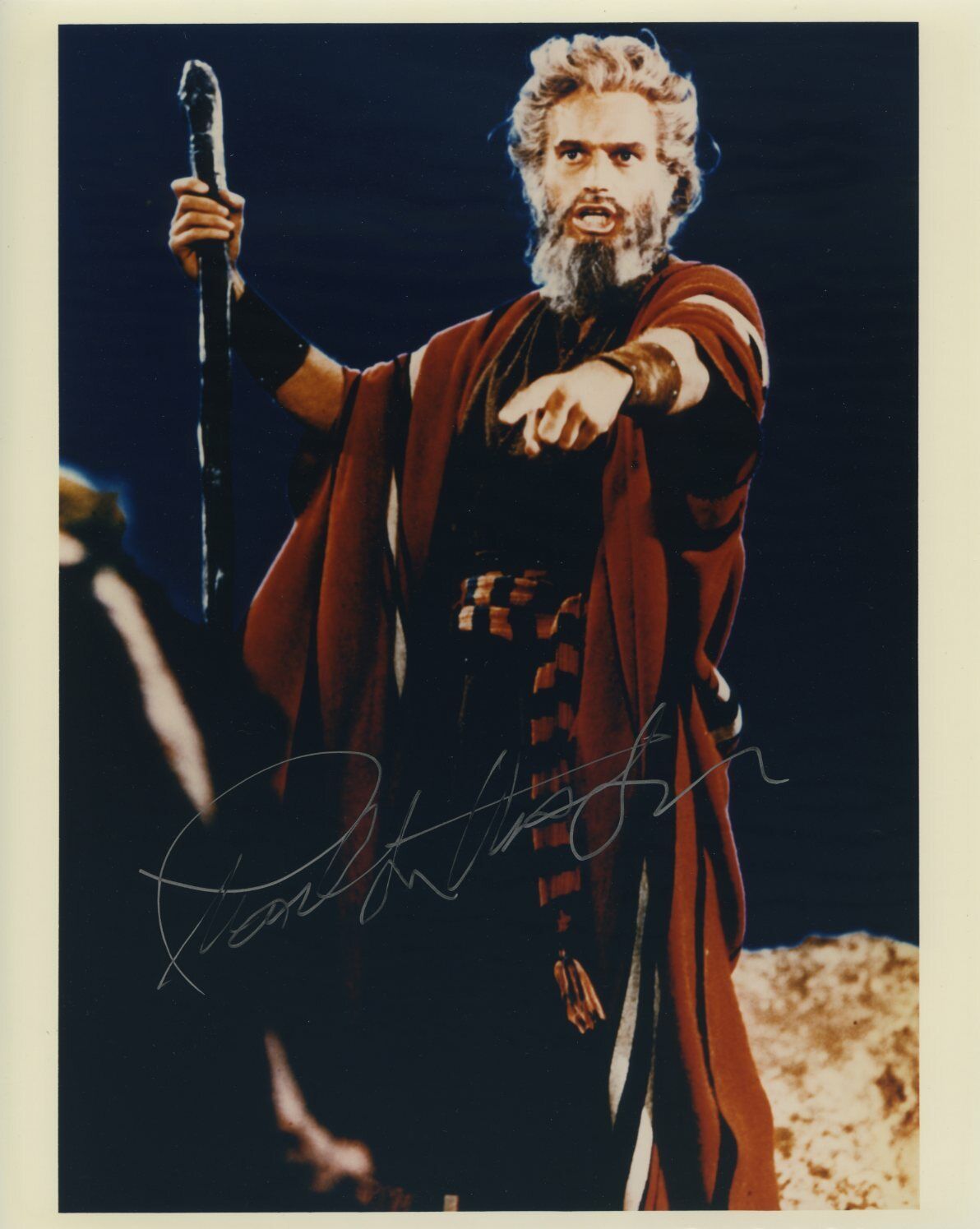 CHARLTON HESTON SIGNED AUTOGRAPHED COLOR 8X10 Photo Poster painting MOSES BAS BECKETT COA