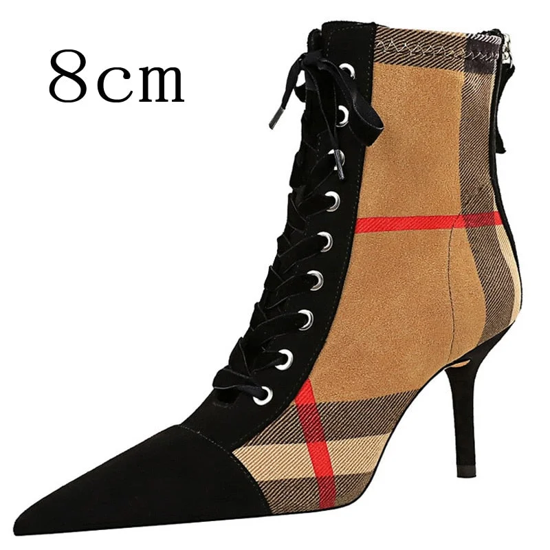 Billlnai 2023  Graduation Party  Winter Ankle Women Boots Fashion Slim Heel High Heel Pointed Plaid Plaid Lace Up Fashion Cross Strapping Boots