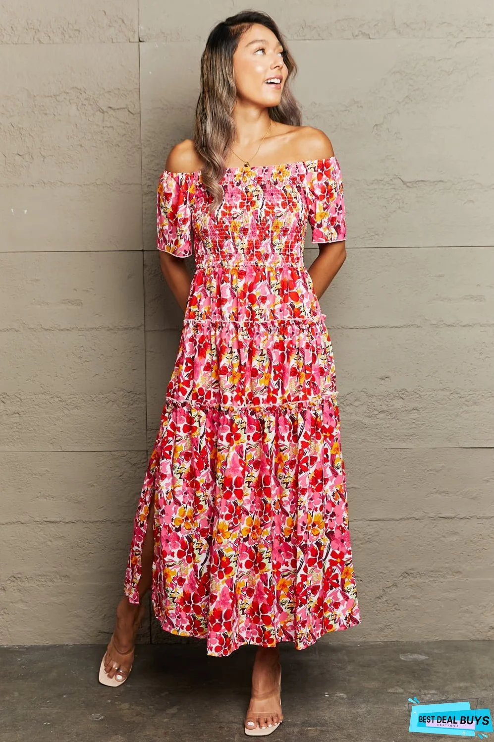 Floral Off-Shoulder Frill Trim Maxi Dress