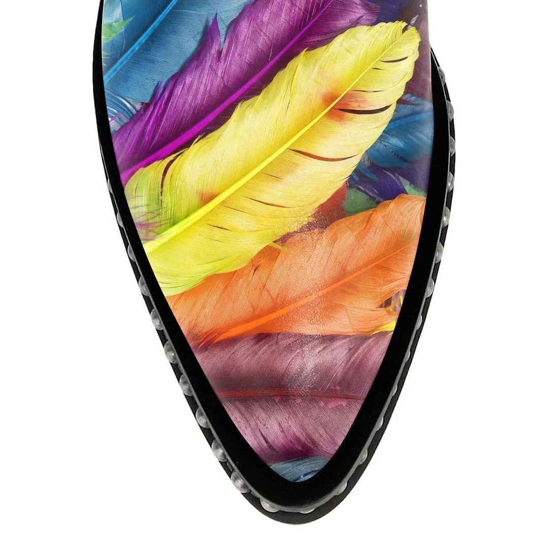 Feather Print Studded Chunky Heel Buckle Strap Short Boots for Women