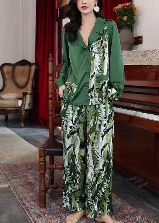 Original Design Blackish Green Asymmetrical Print Ice Silk Pajamas Two-Piece Set Spring
