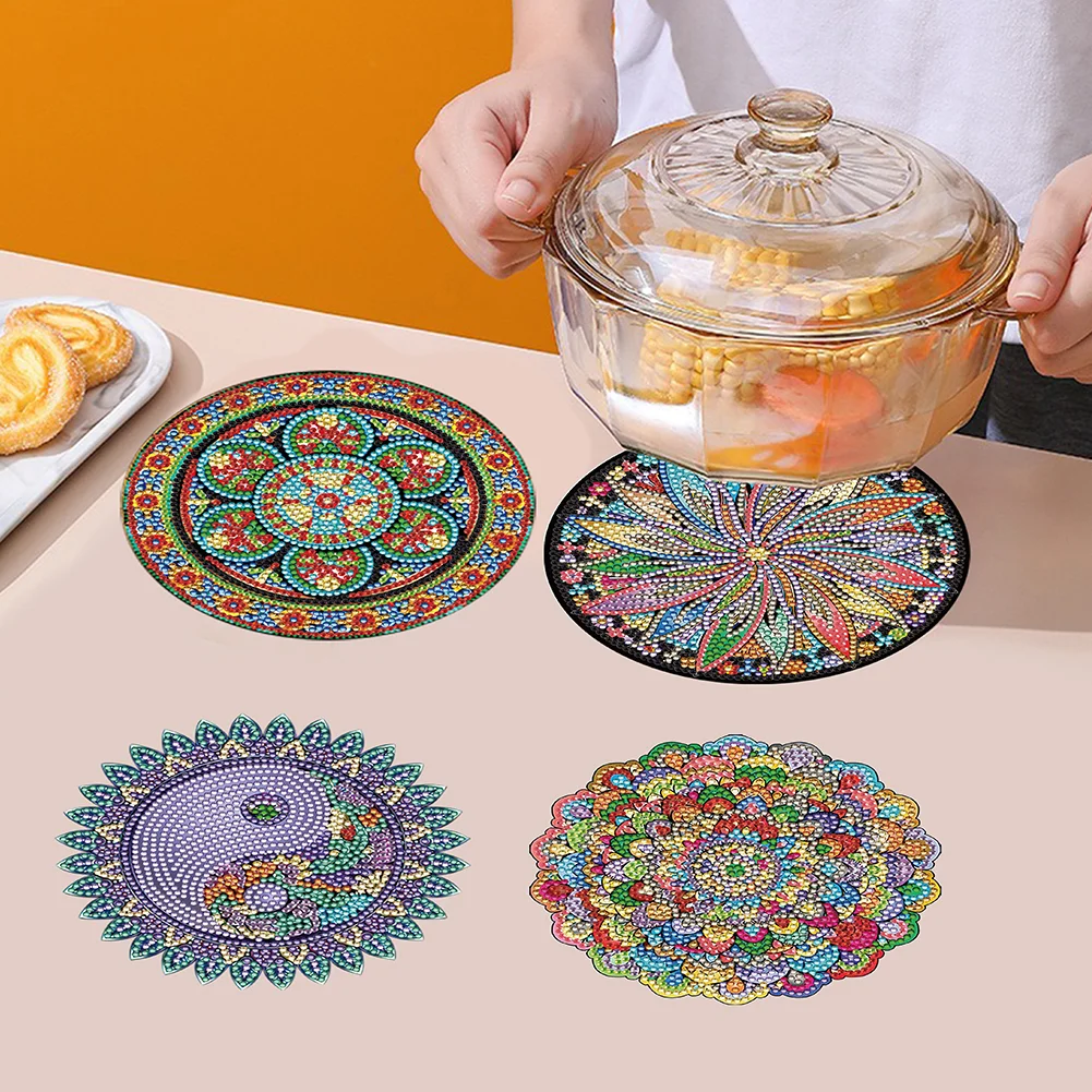 4pcs DIY Mandala Wooden Diamond Painted Placemats for Dining Table Decor(16*16cm)