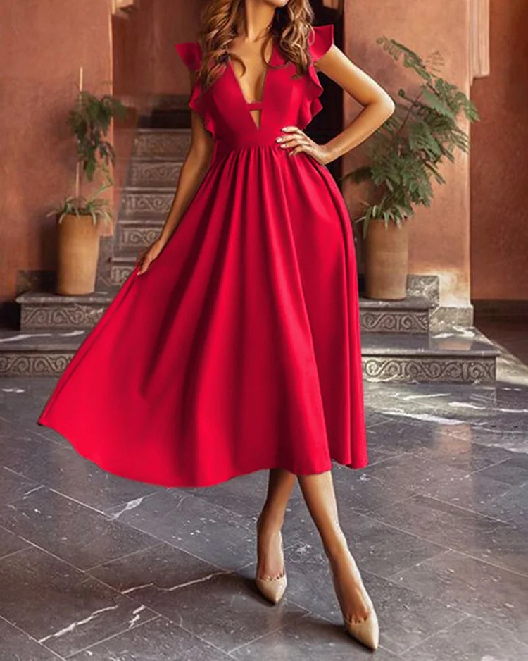 Solid Color Hollow Dress with Ruffles