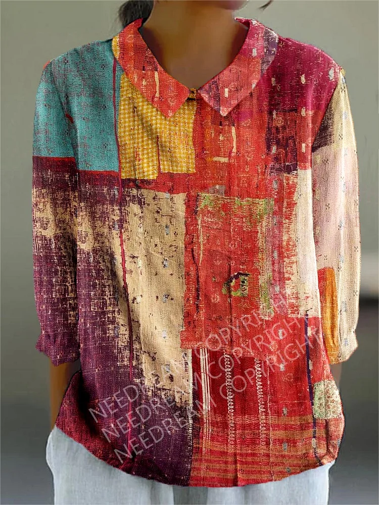 Womens Retro Art Texture Pattern Casual Cotton And Linen Top