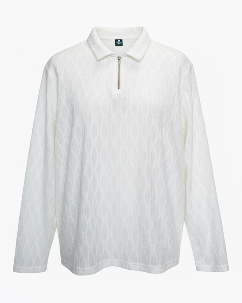 Big & Tall Men's White-Autumn And Winter Jacquard Texture Knitted Fabric Metal Zipper Long Sleeve POLO Shirt