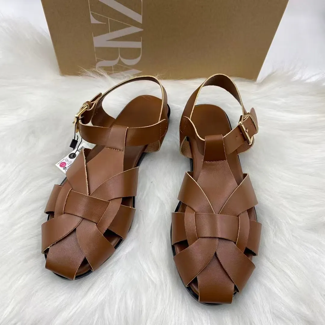 Breakj Breakj Home 2025 New Leather Big Head Sandals Women Summer Wide Fat Feet Soft Low Pure Bag Heel Head Cow