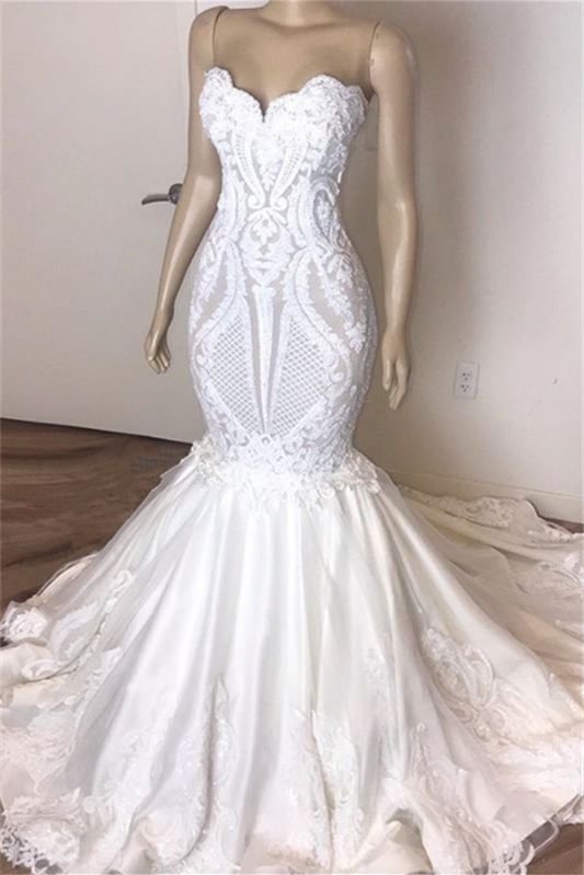 Long Mermaid Sweetheart Wedding Dress With Lace Appliques | Ballbellas Ballbellas