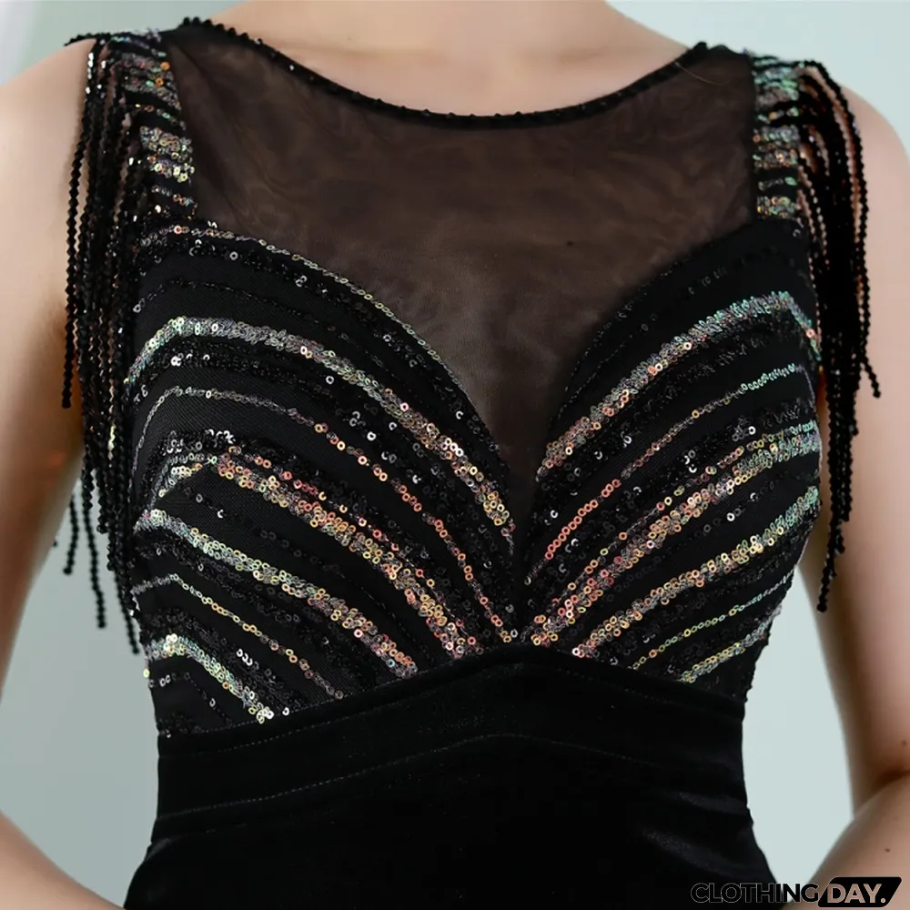 Women Summer Black Romantic O-Neck Sleeveless Patchwork Velvet Silt Fringed Evening Dress