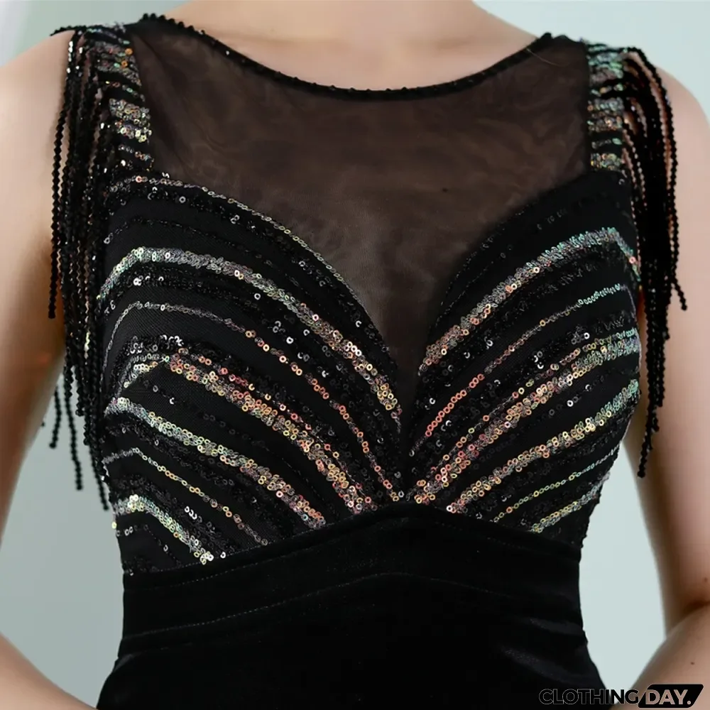 Women Summer Black Romantic O-Neck Sleeveless Patchwork Velvet Silt Fringed Evening Dress