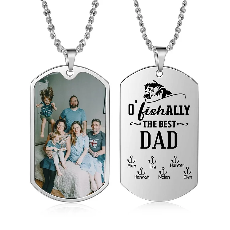 O'Fishally The Best Dad Necklace Custom Photo Dog Tag Necklace with 6 Fishing Hooks