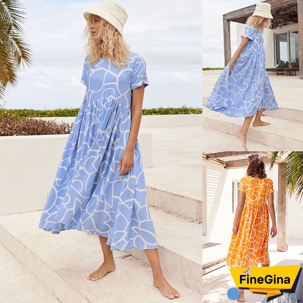 Women's Temperament Round Neck Short Sleeve Beach Loose Big Swing Dress