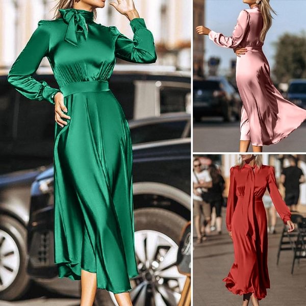 Women Long Sleeve Bowknot Party Holiday Long Dress Silk Solid Color Autumn Casual Loose A Line Dress Plus Size - Shop Trendy Women's Clothing | LoverChic