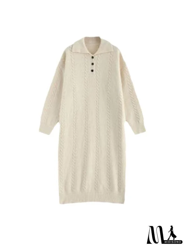 MidiSono - Long Sleeves Loose Buttoned Lapel Midi Dresses Sweater Dresses