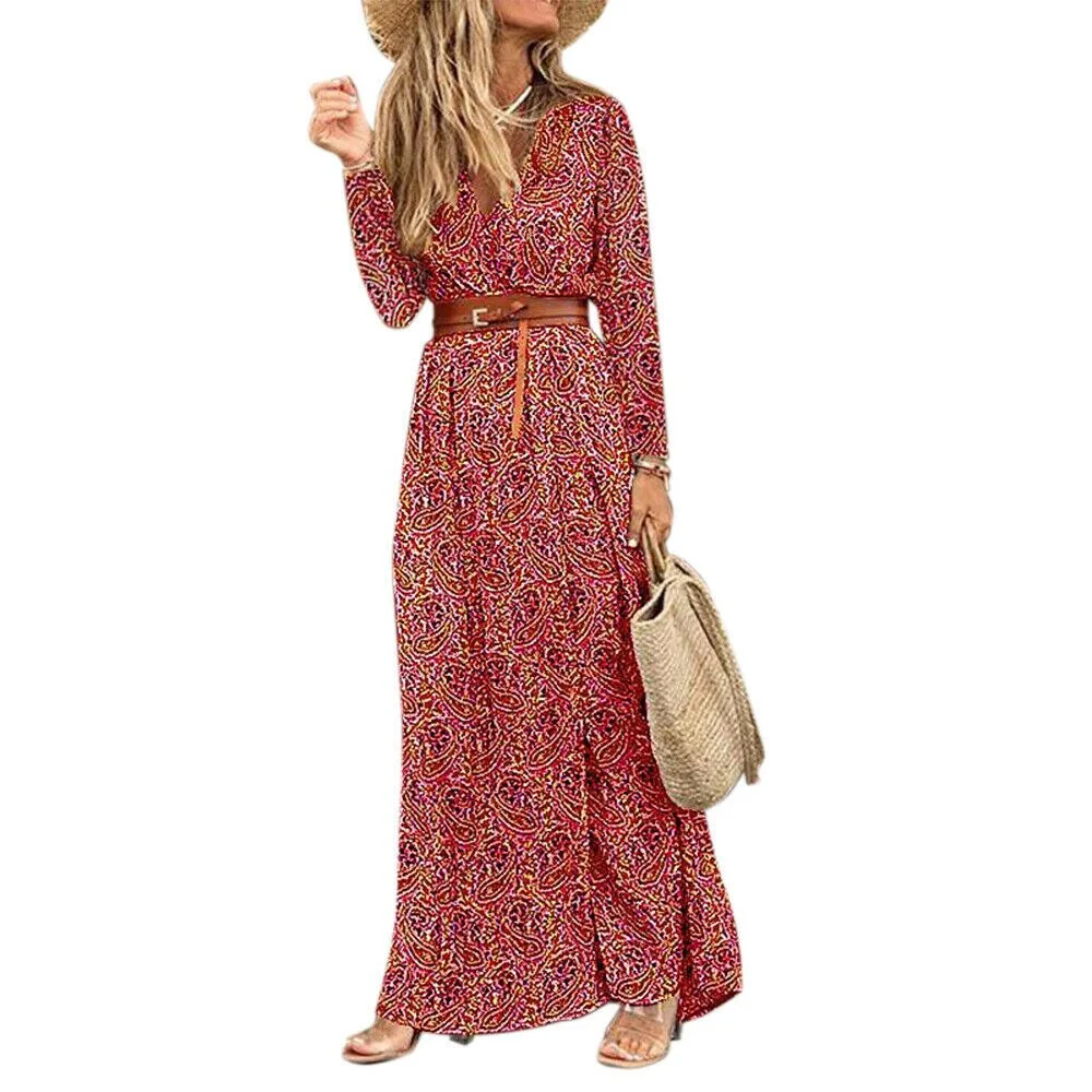 Boho Long Maxi Dresses Women V Neck Fashion Paisley Print Sundress Belt Hem Casual Elegant Robe Femme Vintage Beach Dress