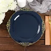 10 Pack | 10" Round Plastic Dinner Plates in Vintage Navy Blue, Gold Leaf Embossed Baroque Disposable Plates