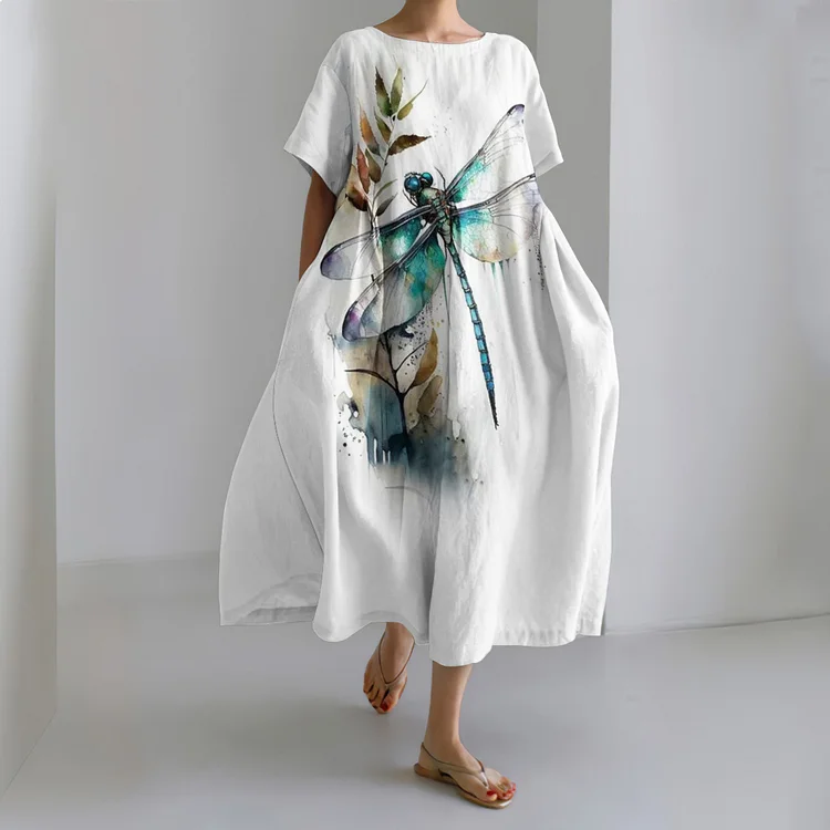 Dragonfly Print Crew Neck Loose Midi Dress