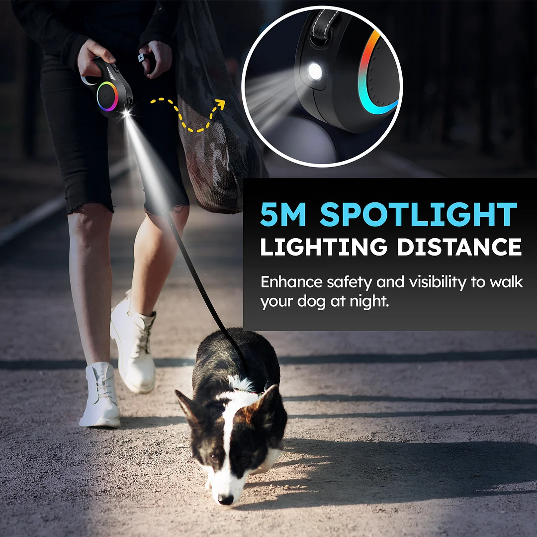 Retractable Dog Leash, 16ft Retractable Leash with Rechargeable LED Light - Tangle Free, Anti Slip Handle, Nylon Tape, One Button Brake & Lock