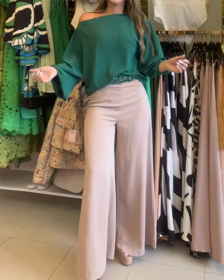 Off-shoulder Long-sleeved Top and Pants Two-piece Suit