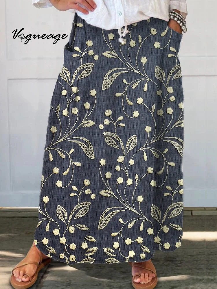 Simple Realistic Elegant Plants Printed Women's Casual Cotton And Linen Skirt